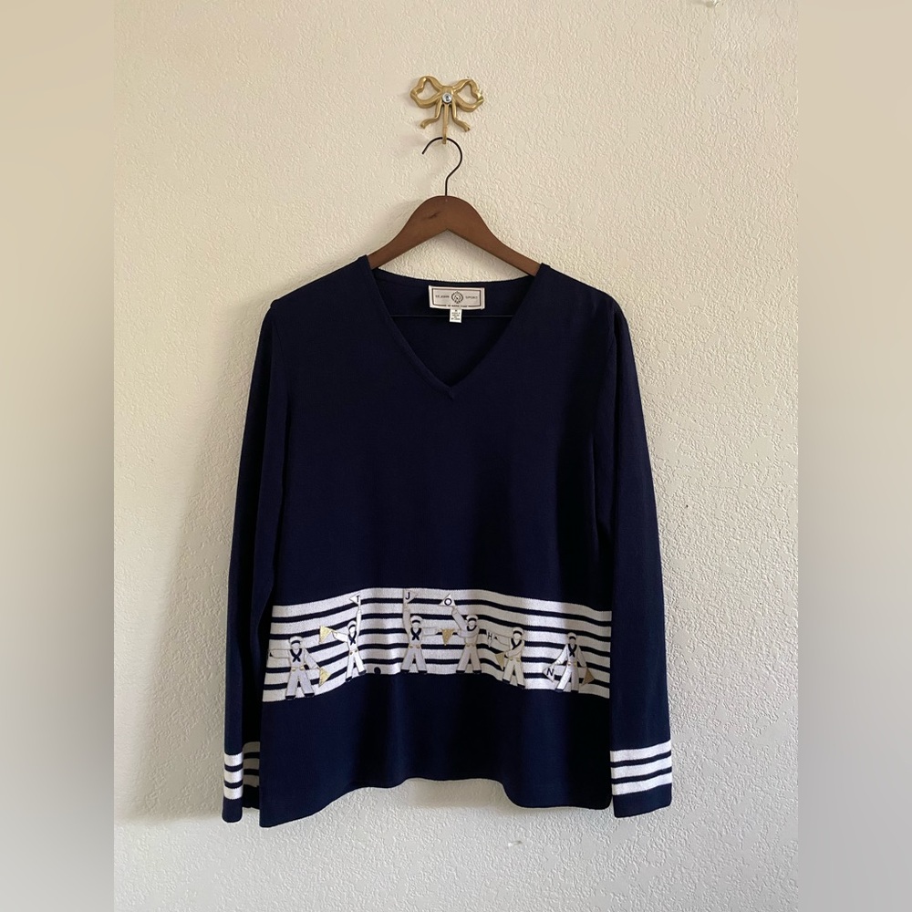 St. John Sport Santana Knit Pullover Top Sailor Novelty Print Women’s Size M